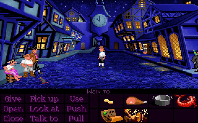 A group of pirates sitting on a barrel occupy left side of the screen. In center a short pirate stands. Bottom is occupied by UI with graphical buttons representing possible actions.